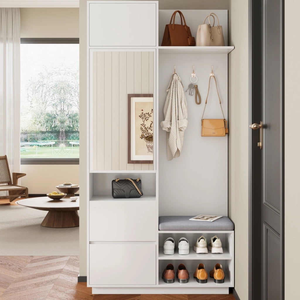 Guardaroba ingresso 5 in 1 con specchio; scarpiera; cassetti e panca; MDF bianco