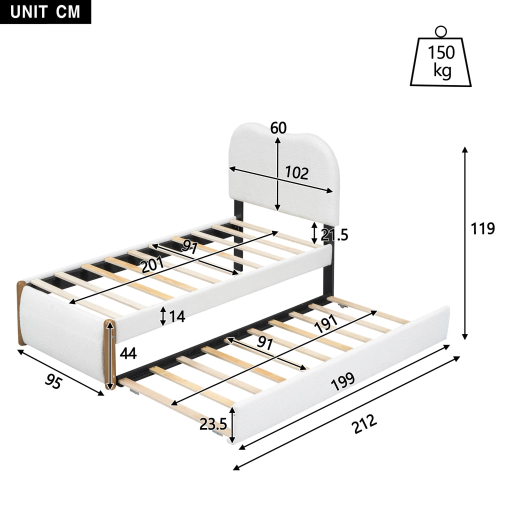 LETTO 90x200 cm con letto estraibile, rivestimento Plush, bianco