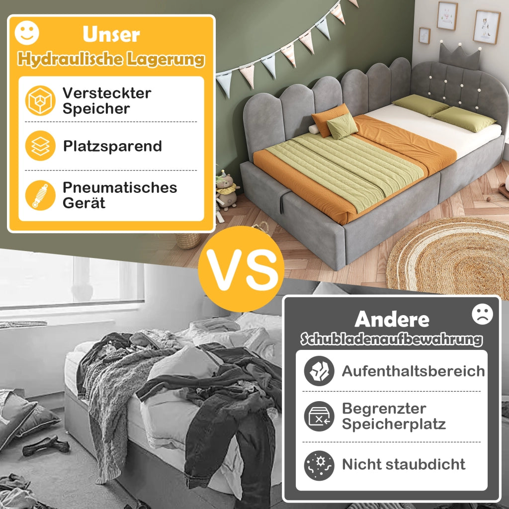 Letto singolo imbottito 90x200 cm con contenitore idraulico grigio