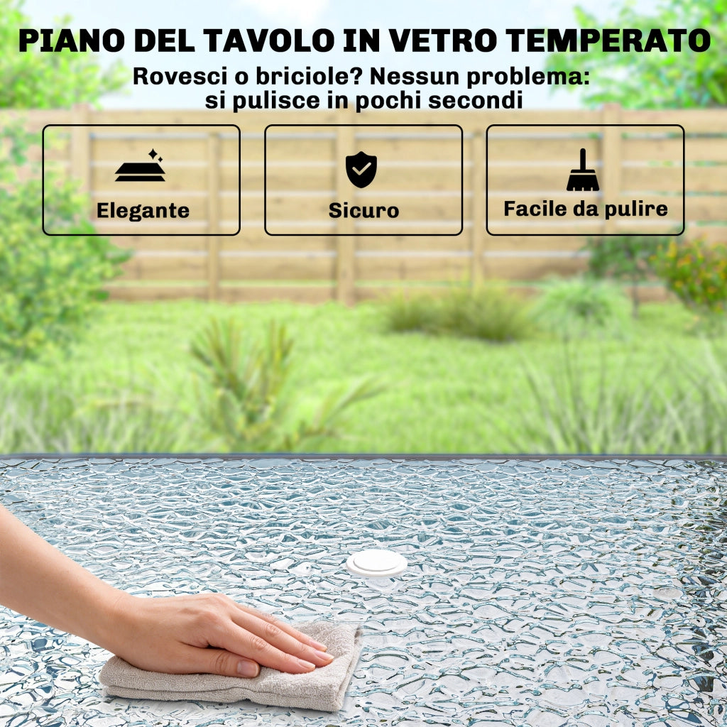 Set 8 Pezzi da Giardino con Ombrellone 6 Sedie Pieghevoli e Tavolo da Esterno in Vetro Temperato Grigio