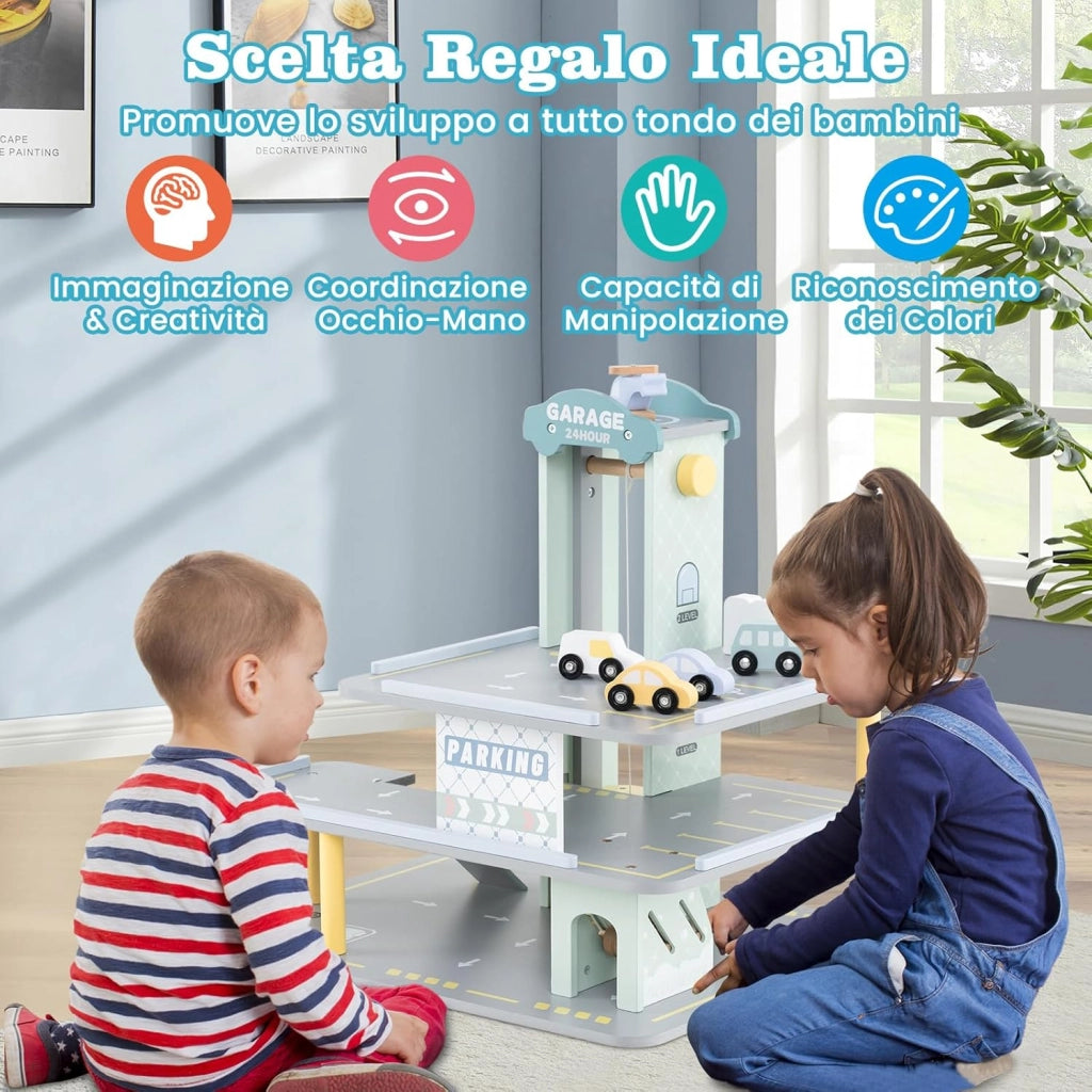Set di Gioco Garage per Parcheggio, Garage di Giocattolo in Legno a 3 Strati con 4 Auto, Stazione di Servizio, Ascensore, Barra di Sollevamento, per Bambini di 3+ Anni