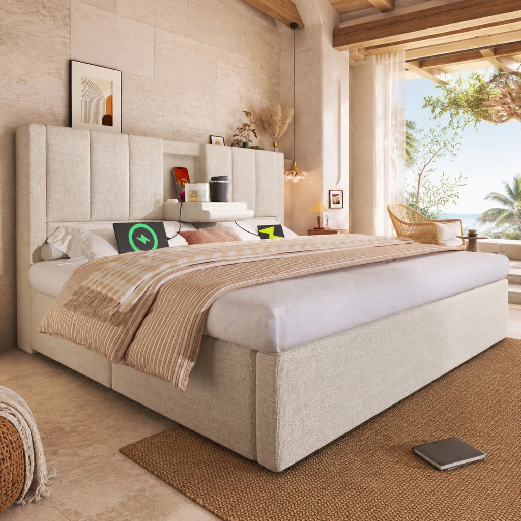 Letto imbottito 140x200 cm in lino beige con contenitore, portabicchieri a scomparsa e stazione di ricarica USB