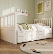 Letto a una piazza 90x200 cm con cassetti e letto estraibile in pino e MDF bianco