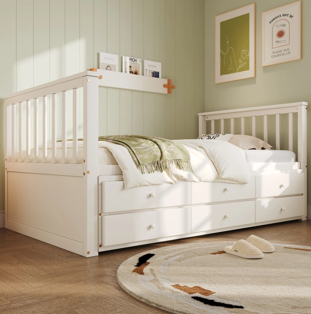 Letto a una piazza 90x200 cm con cassetti e letto estraibile in pino e MDF bianco