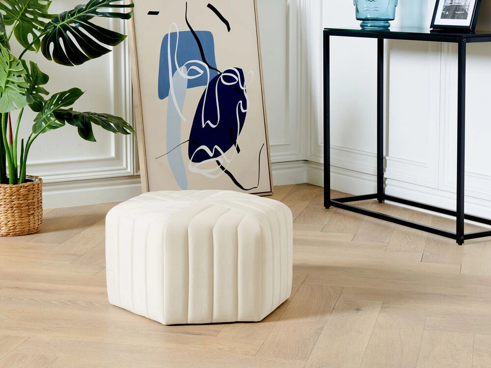 Pouf Velluto Bianco Sporco 29 x 53 x 48 cm Poggiapiedi Esagonale Imbottito Glamour