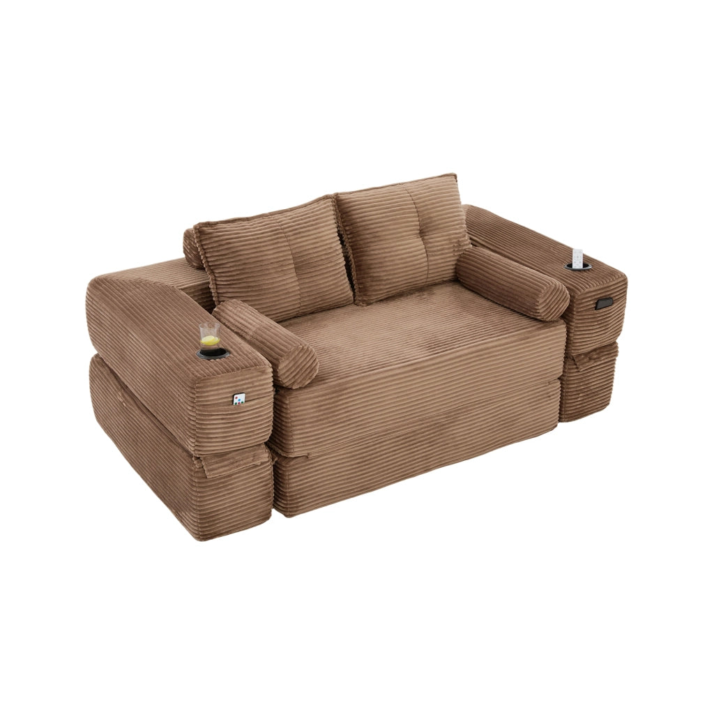 Divano letto multifunzionale in corduroy con tasche laterali, portabicchieri e cuscini memory