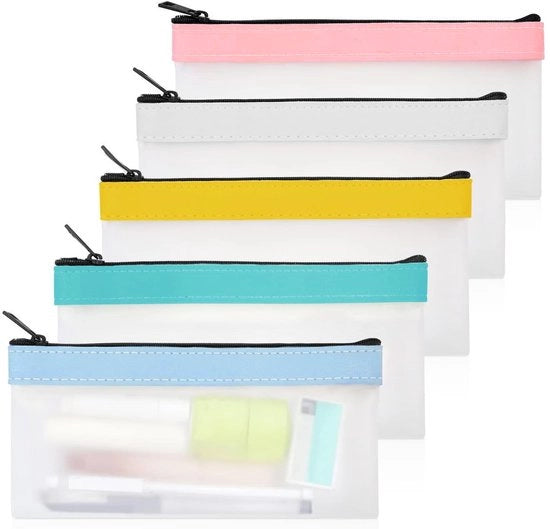 Set di 5 Custodie trasparenti - TPU duraturo - Custodia con cerniera - Scuola/Ufficio/Viaggi - Robusta e impermeabile - Set di custodie per penne