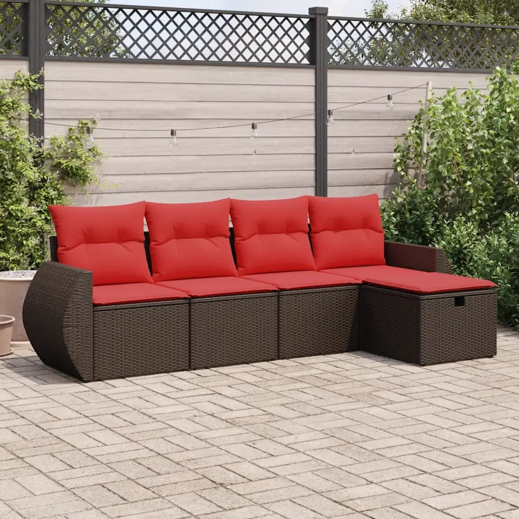 Set Divano da Giardino 5 pz | Set Salotto da Giardino con Cuscini Marrone in Polyrattan