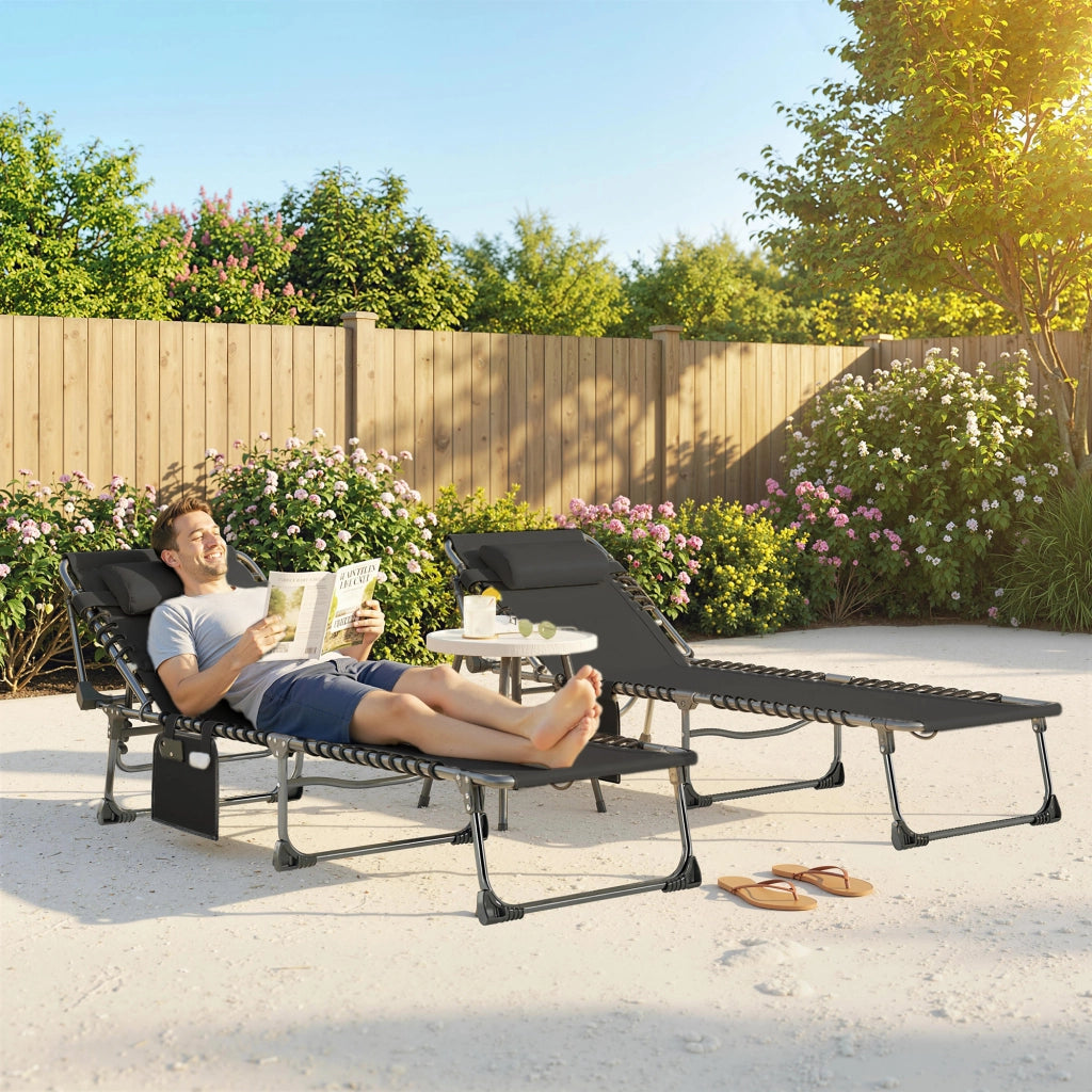 Set 2 Lettini Prendisole da Giardino 57x200x38 cm Pieghevoli e Reclinabili su 5 Livelli con Cuscini in Texteline Nero