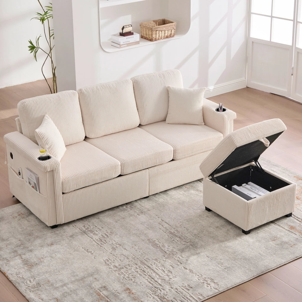 Divano Angolare Modulare con LED; USB e Type-C; Contenitore; Tasche Laterali e Portabicchieri; in Velluto a Coste Beige