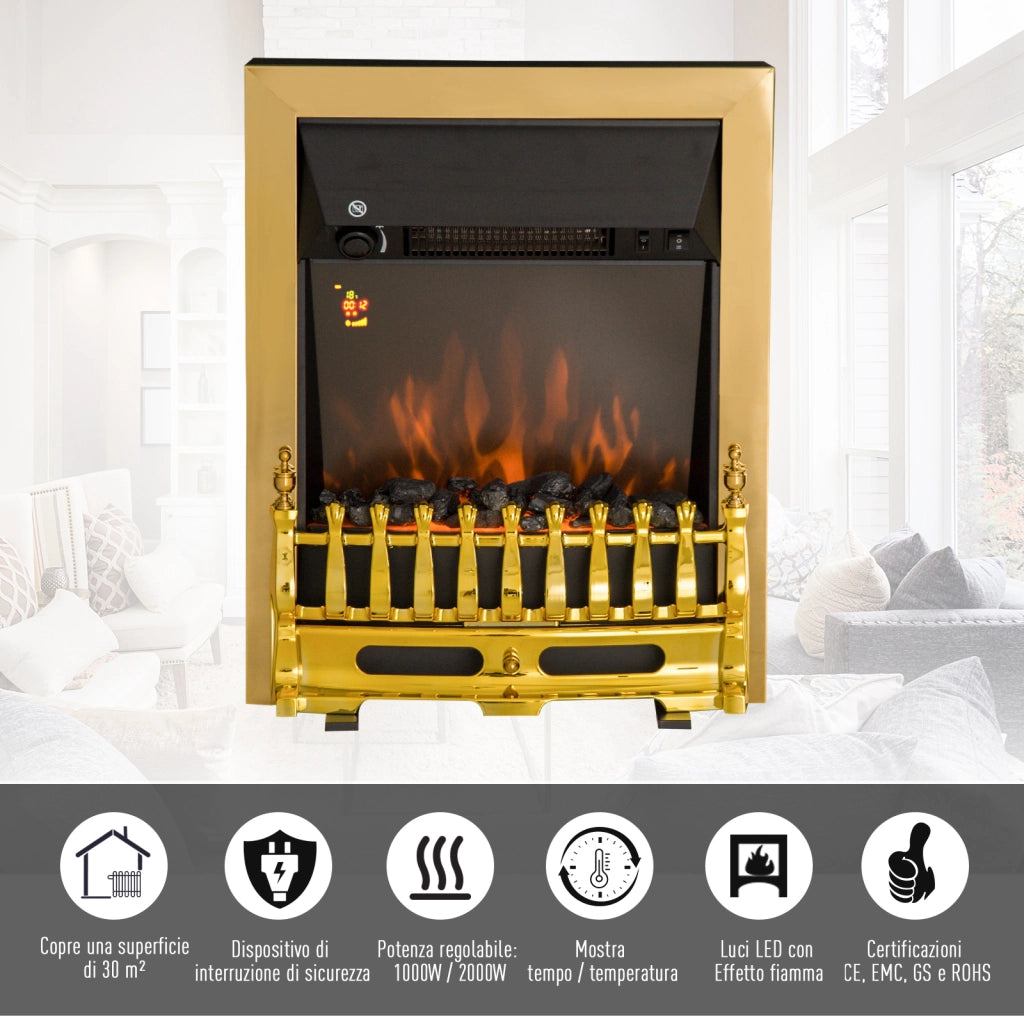 EasyComfort Camino Elettrico da Terra 1000/2000 W Effetto Fiamma LED, Caminetto Elettrico con Protezione da Surriscaldamento e Ribaltamento, Riscaldamento Regolabile, Oro