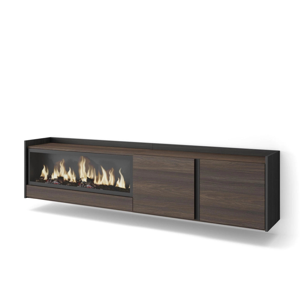 Mobile TV Soggiorno, 212x50x35 cm, Per TV fino a 80", Camino elettrico XXL, Sospeso, da appendere, Rovere scuro e Nero