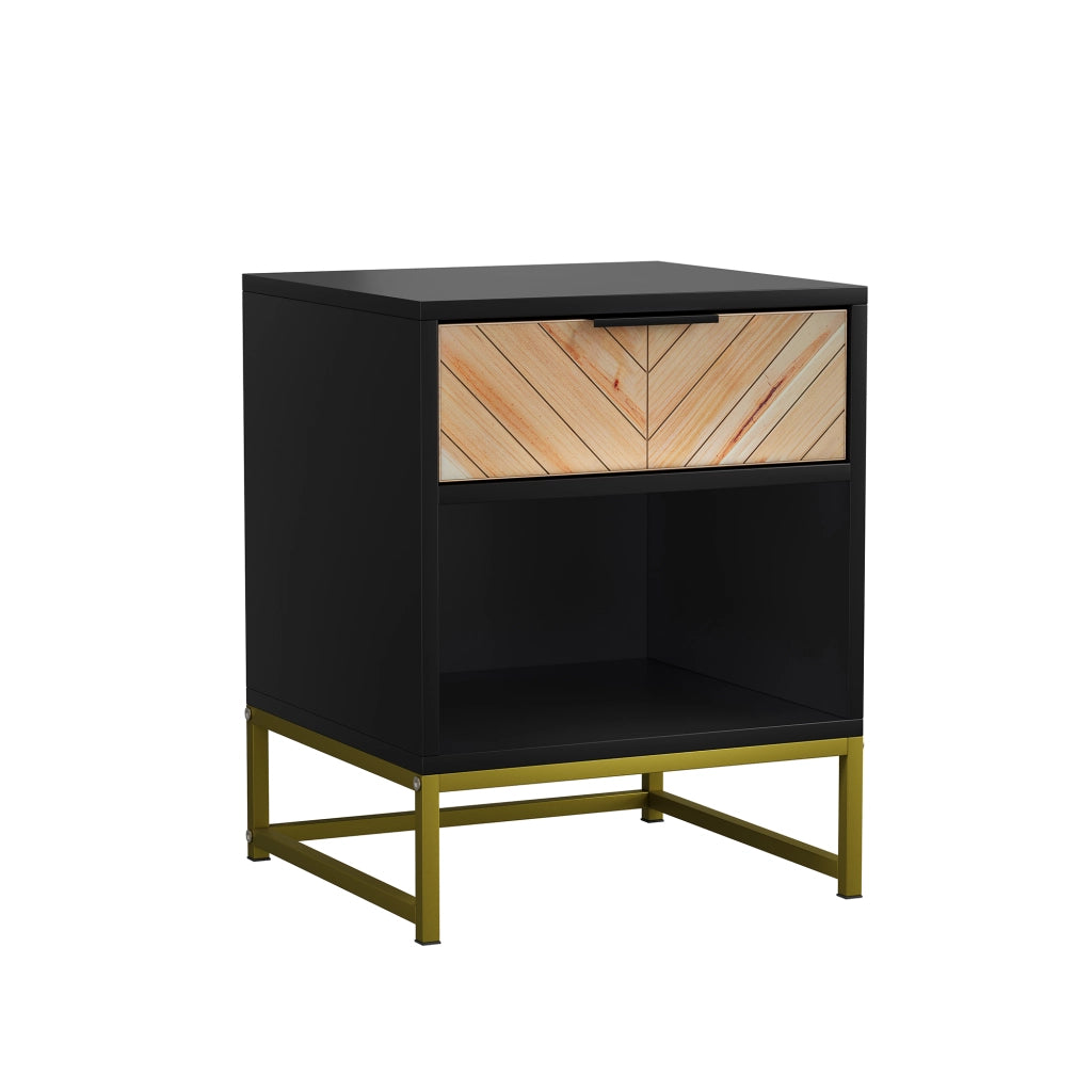 Comodino moderno con cassetto e vano aperto, 43 x 40 x 55 cm, MDF, nero e naturale, 1 pezzo