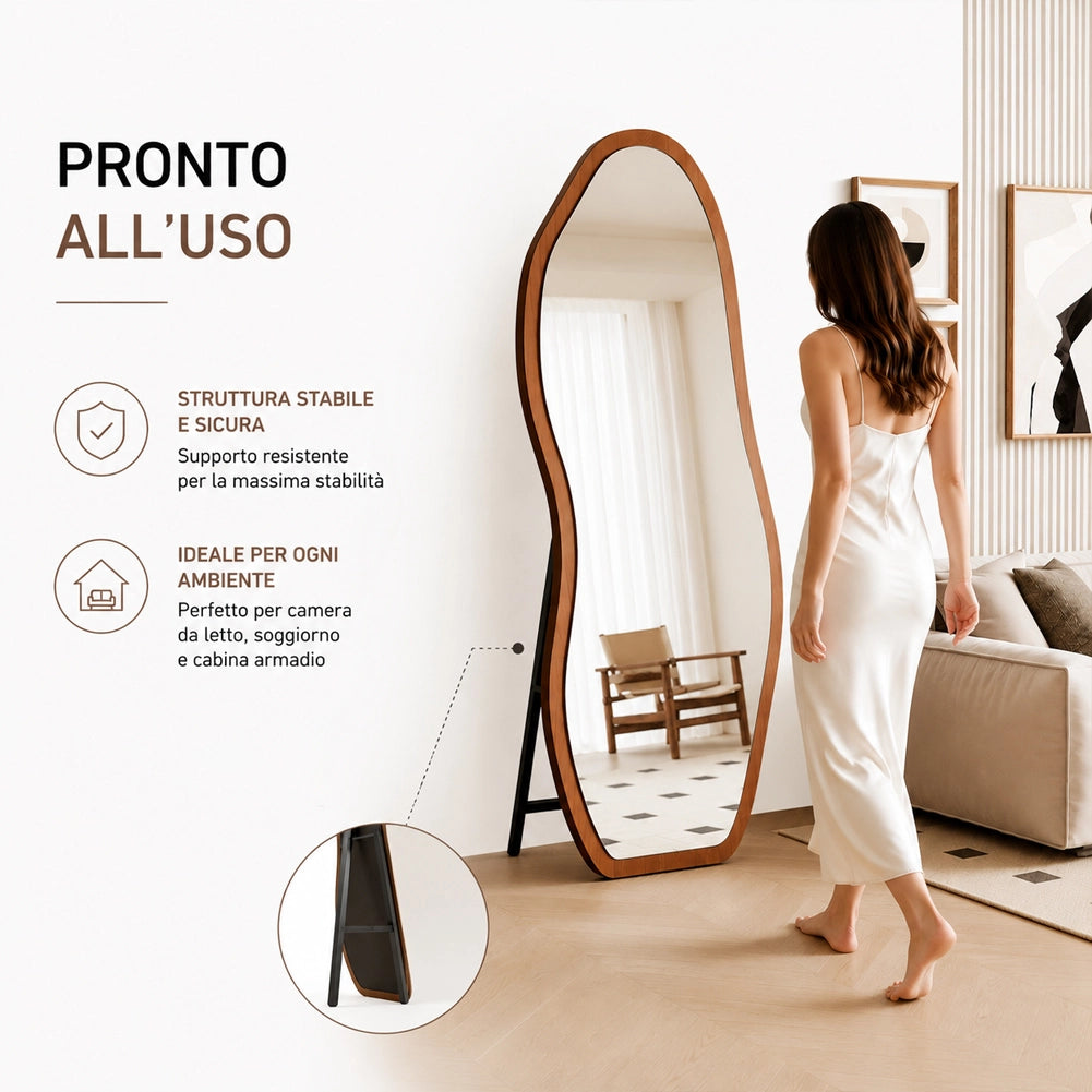 Specchio a Onda Rovere con Struttura Legno Autoportante Design Moderno 160x60cm