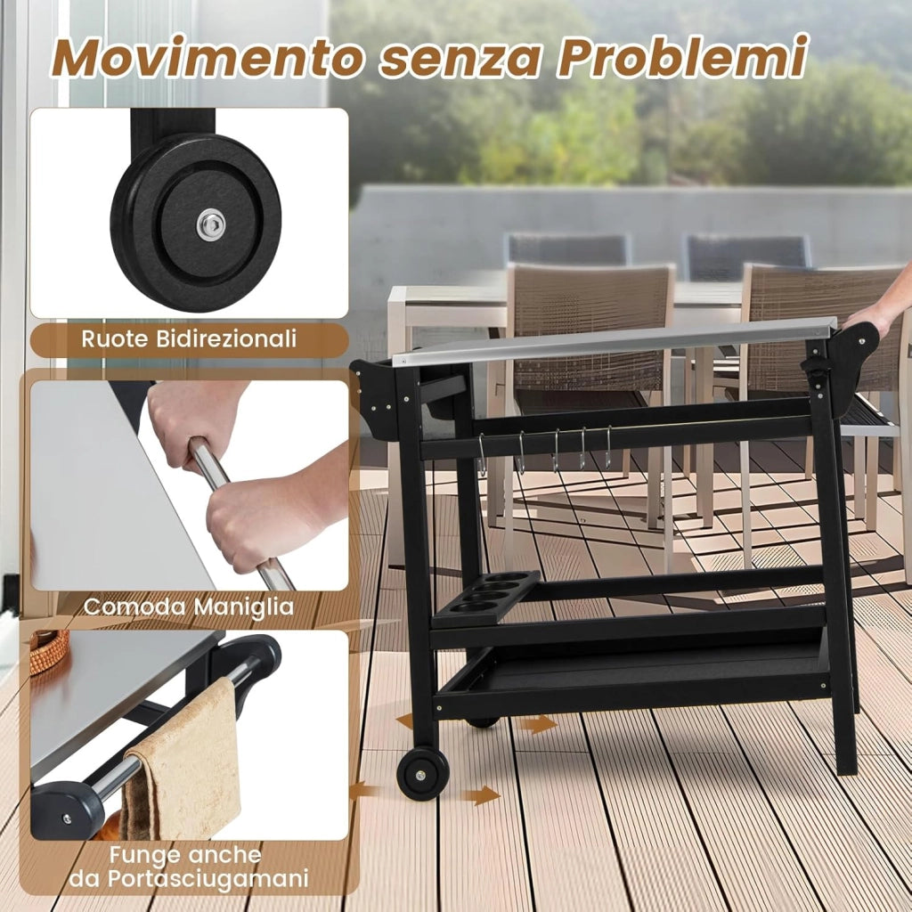 Carrello Barbecue da Esterno, Stand per Forno a Pizza con Piano in Acciaio Inox Vassoio e Portabottiglie, con Maniglia e Ruote per Cucina Giardino, Carico 150kg, 105x54x85 cm