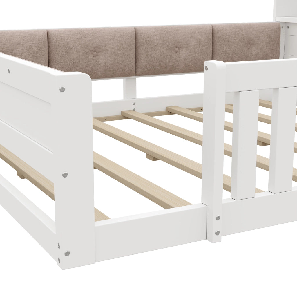 Letto bambino 140×200 cm con testiera contenitore; LED e sponde di sicurezza; senza materasso; bianco