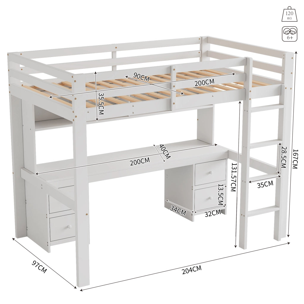 Letto a castello bianco in pino con funzione scrivania e spazio contenitivo 90x200 cm