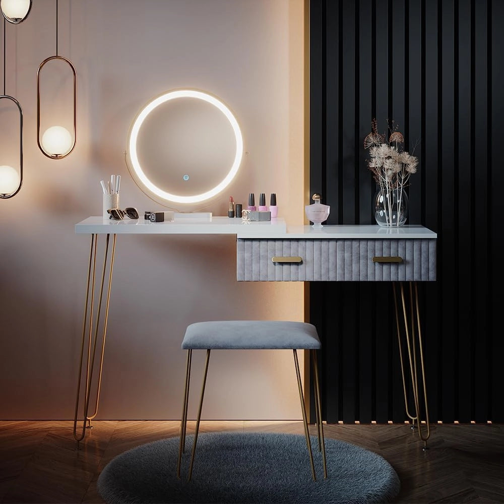 Tavolo da toeletta Zoey, Grigio, 120 cm con illuminazione LED e sgabello, con illuminazione LED e sgabello imbottito