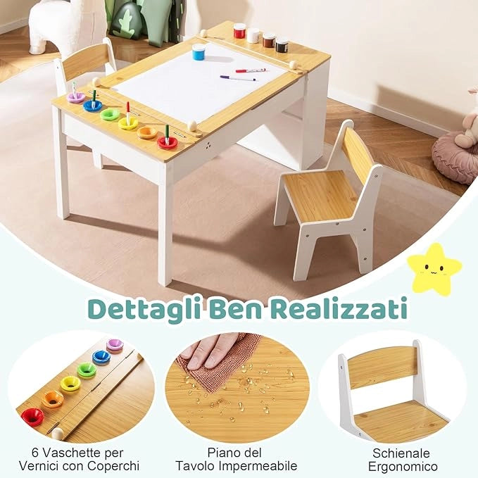Set Tavolo da Disegno e Cavalletto per Bambini 3+ Anni con 2 Sedie, Tavolo Multifunzione in Legno con Piano Sollevabile, Rotolo di Carta, 6 Bicchieri di Vernice (Naturale)