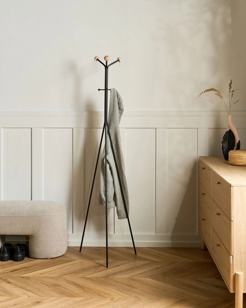 Appendiabiti in acciaio nero, 176 cm, appendiabiti da terra con dettagli in legno e 6 ganci, moderno per ingresso