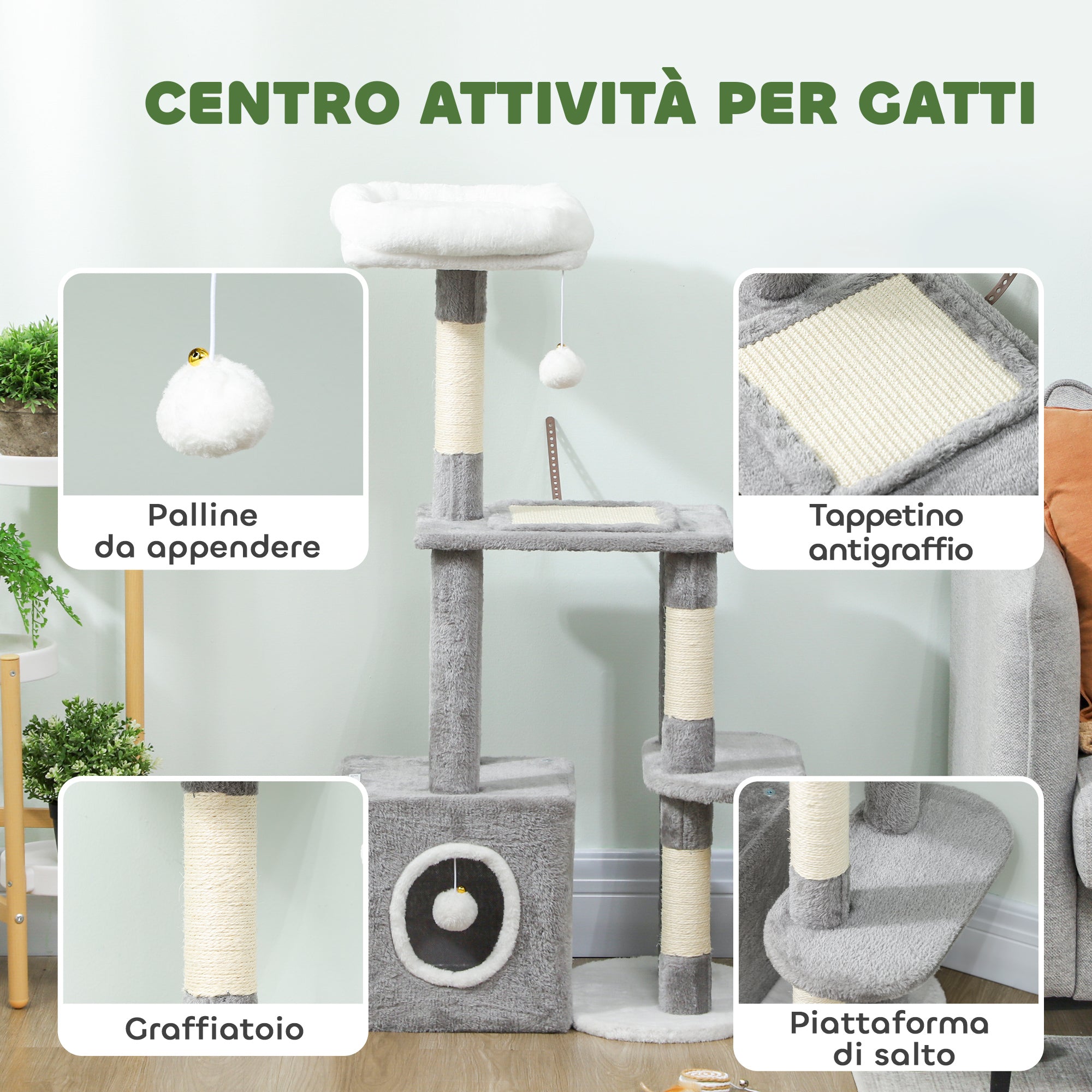 Albero Tiragraffi per Gatti con Casetta e 2 Palline 55x40x107cm Grigio e Bianco