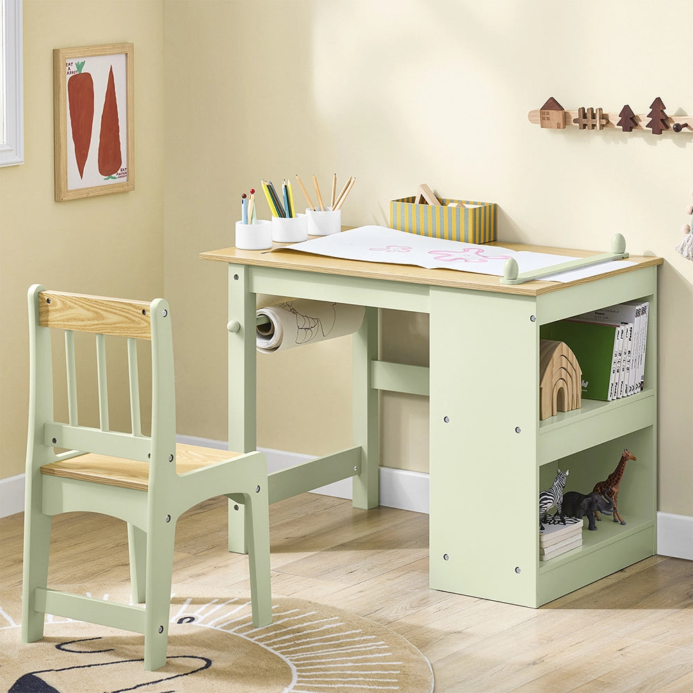 SoBuy Tavolino Bambini con 1 Sedia, Set Tavolo e Sedie per Bambini Multiattività con 2 Ripiani, Tavolo Disegno e Gioco, Sedia Scrivania Cameretta Verde 80x50x66cm KMB60-GR
