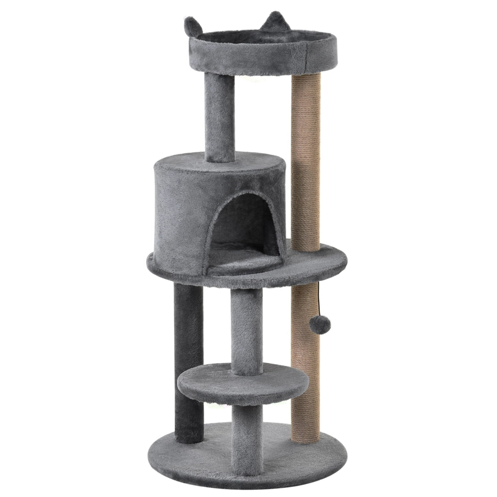 EasyComfort Albero Tiragraffi per Gatti a 3 Livelli con Trespoli, Casetta e Pallina Appesa, Albero per Gatti in Legno, Sisal e Peluche, 48x48x104 cm, Grigio