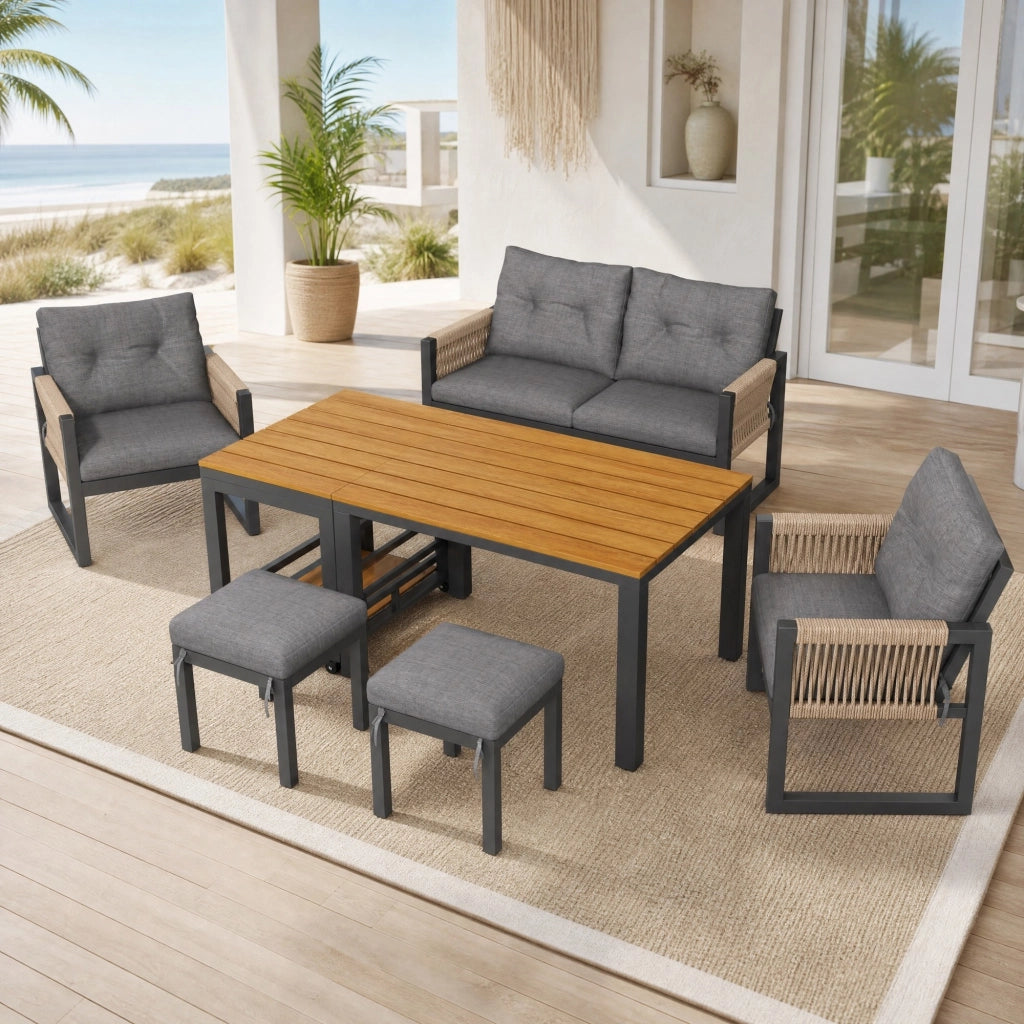 Salotto da giardino 6 pezzi grigio， tavolo 150x79，5x75 cm， struttura in ferro