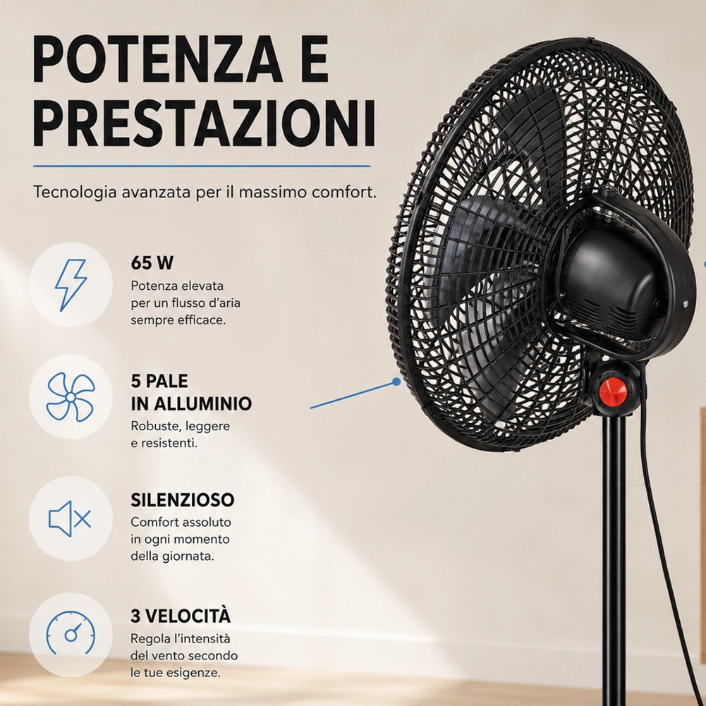 Ventilatore 3in1 Piantana Da tavolo Parete 3 Velocita Oscillazione 65W Pale 50cm