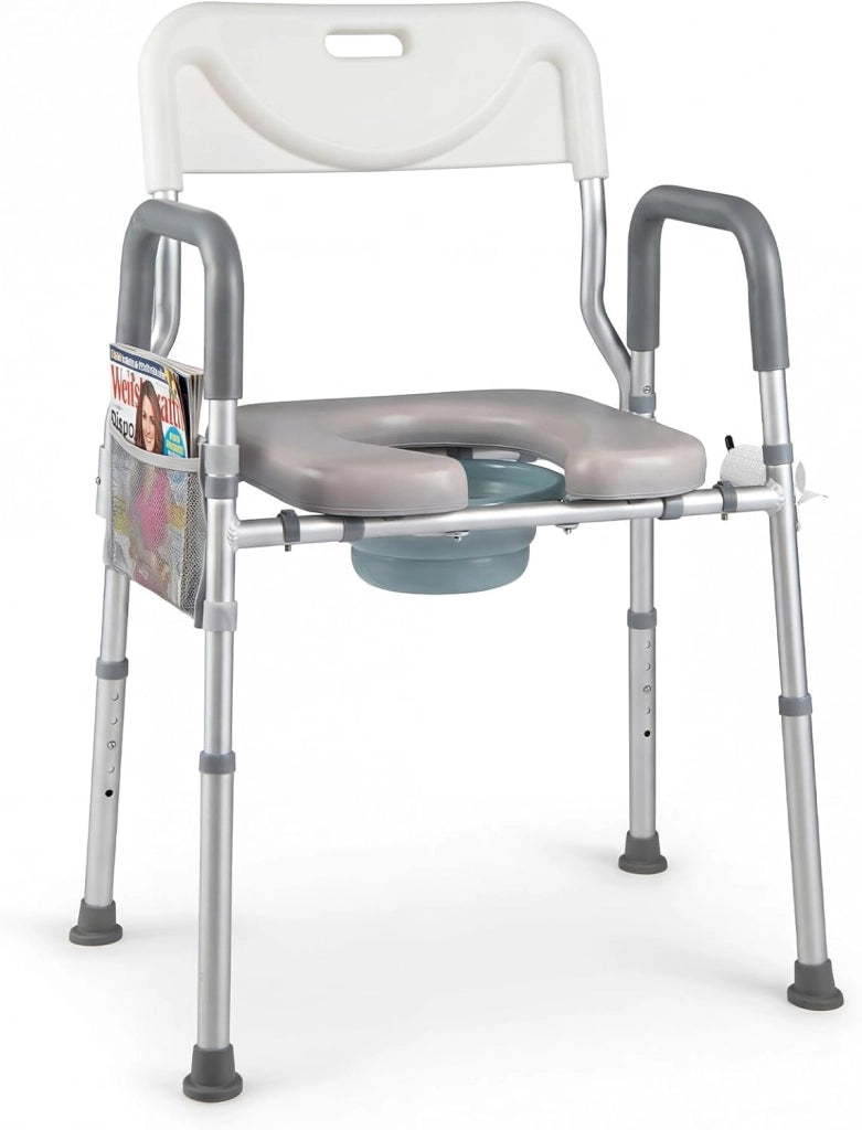 Ringhiera di Sicurezza per WC portata 136 kg, Barra Bagno in Alluminio con Altezza Regolabile 49-59 cm, Maniglie Antiscivolo e Schienale Rimovibile, Sedile WC per Anziani e Donne Incinte