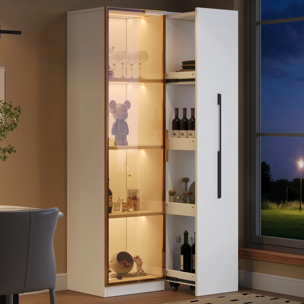 OKWISH Vetrina con Anta in Vetro, Modulo Laterale Estraibile e LED, per Soggiorno o Sala da Pranzo, MDF, Bianco, 70 x 40 x 160 cm