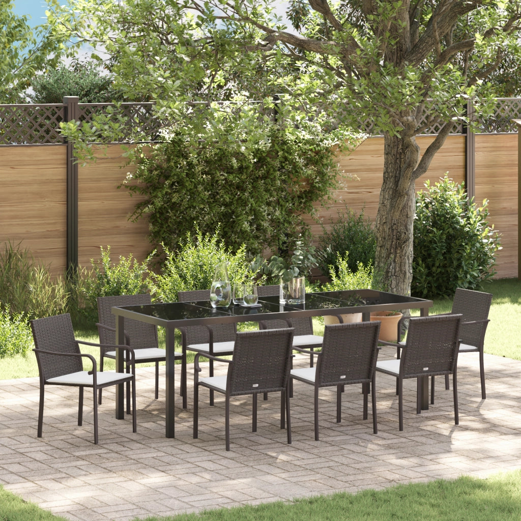 Set da Pranzo da Giardino 9 Pezzi con Cuscini in Polyrattan Marrone
