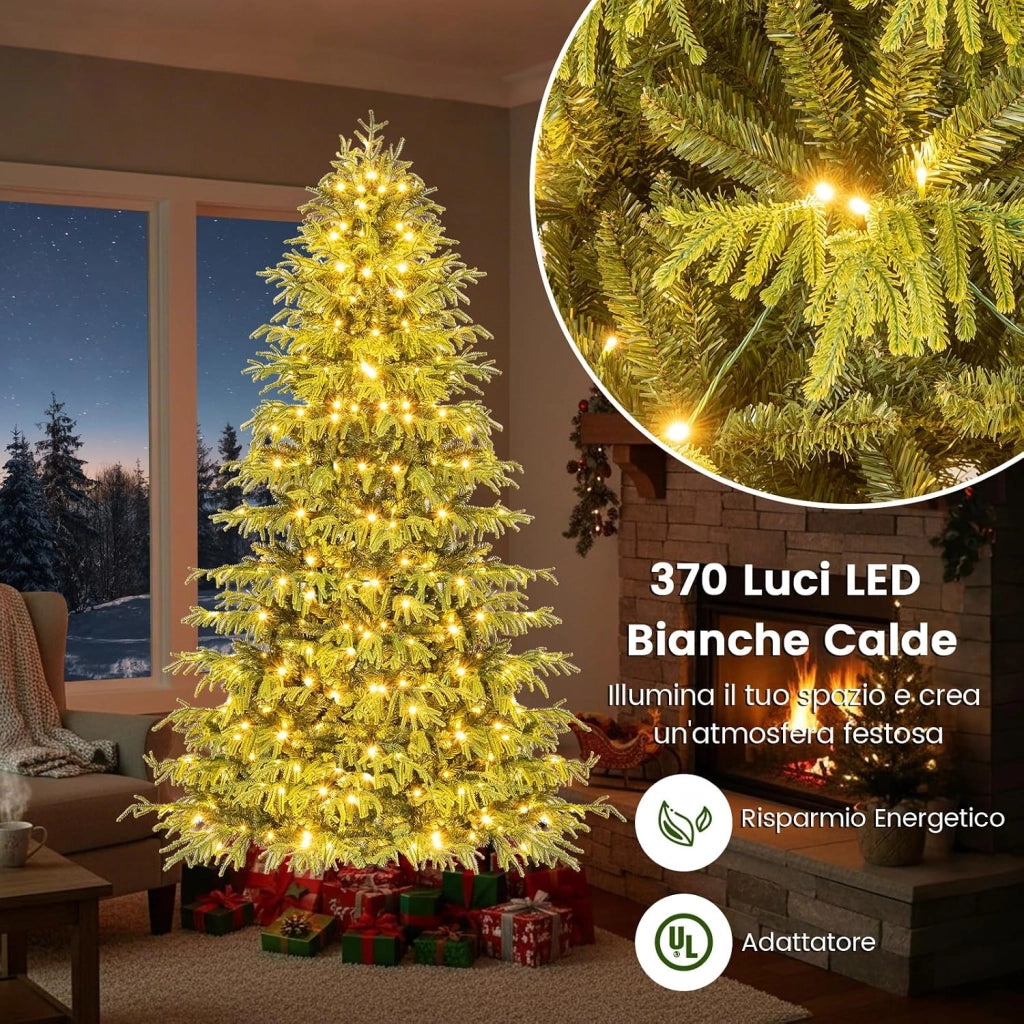Albero di Natale 210 cm, Albero di Natale Pre-illuminato con 370 Luci LED Bianco Caldo, 1090 Punte di Rami & Base in Metallo Pieghevole, Decorazione Natalizia (210 cm)
