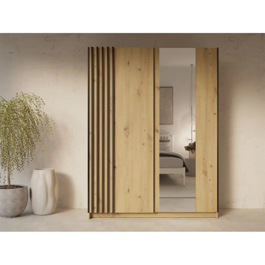 Armadio VARIA 2 porte scorrevoli con specchio in quercia e nero 150 cm