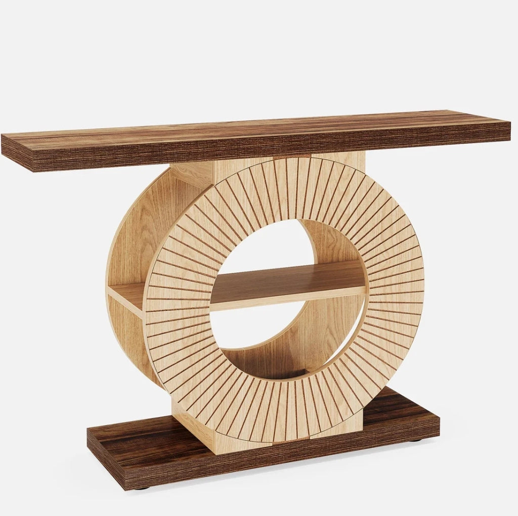 Consolle ULEVR in legno marrone 113x41,5x21 cm con base rotonda e ripiani, stile rustico per ingresso