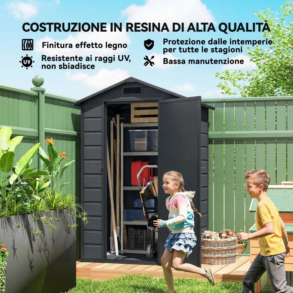 Casetta per Attrezzi a 2 Ingressi 128x104x196 cm con Finestre e Prese d'Aria in PP e Alluminio Grigio Scuro