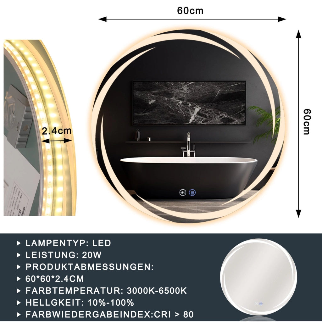 ZMH Specchio da bagno con illuminazione Specchio da bagno moderno rotondo IP44 con funzione touch
