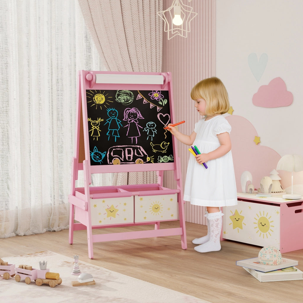 Lavagna per Bambini con Cavalletto e Rotolo di Carta ¨C zephmum ¨C Legno, Rosa, 54x46x94 cm