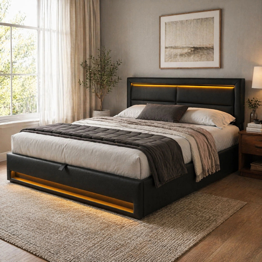 LETTO Imbottito 140x200 cm PU Nero con USB, LED e contenitore