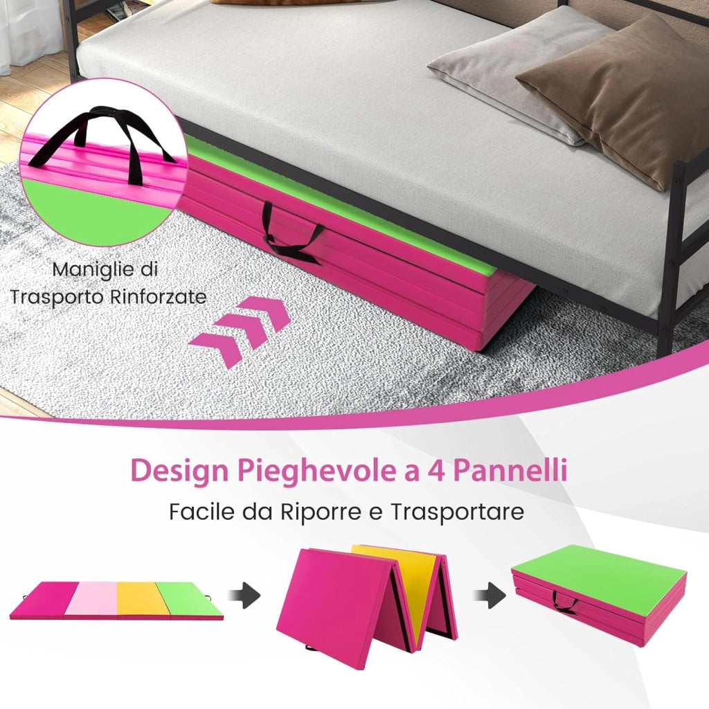 Tappetino Palestra Pieghevole a 4 Pannelli, Tappetino Ginnastica 300 x 117 x 5 CM con Maniglie e Chiusure a Strappo, per Ginnastica, Yoga e Stretching