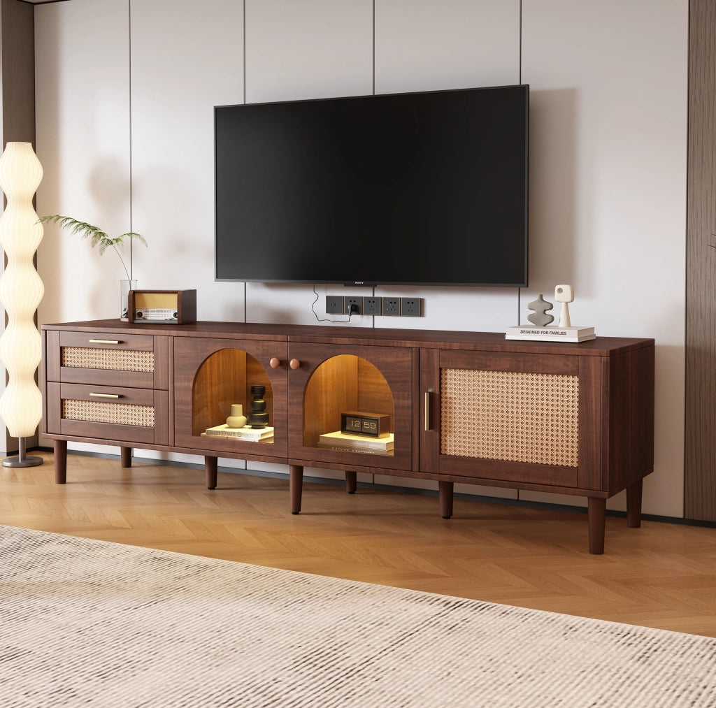 Mobile TV 180x40x50 cm con 2 cassetti in rattan e illuminazione LED in pannello truciolare marrone