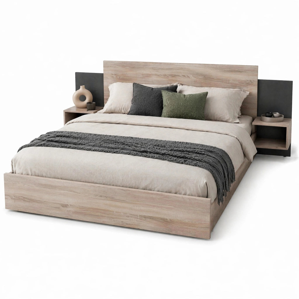 Letto matrimoniale 160x200 cm in legno massiccio con 2 comodini integrati; sonoma e grigio scuro