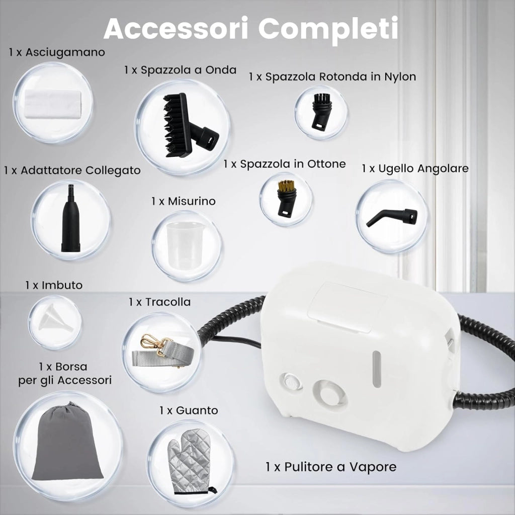 1500W Pulitore a Vapore Portatile, Vaporizzatore Domestico con Serbatoio d'Acqua 1 L (Sostenibile), Tempo Riscaldamento 10s, Macchina per Pulizia a Vapore Multiuso (Bianco)