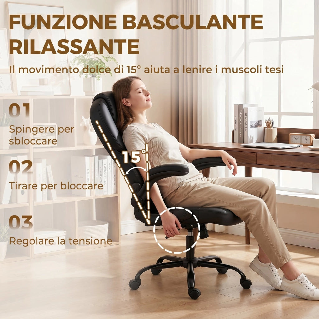 Sedia Ufficio Girevole 71x71x120-130 cm Funzione Dondolo Braccioli Ribaltabili Schienale Alto in Pelle PU Nero