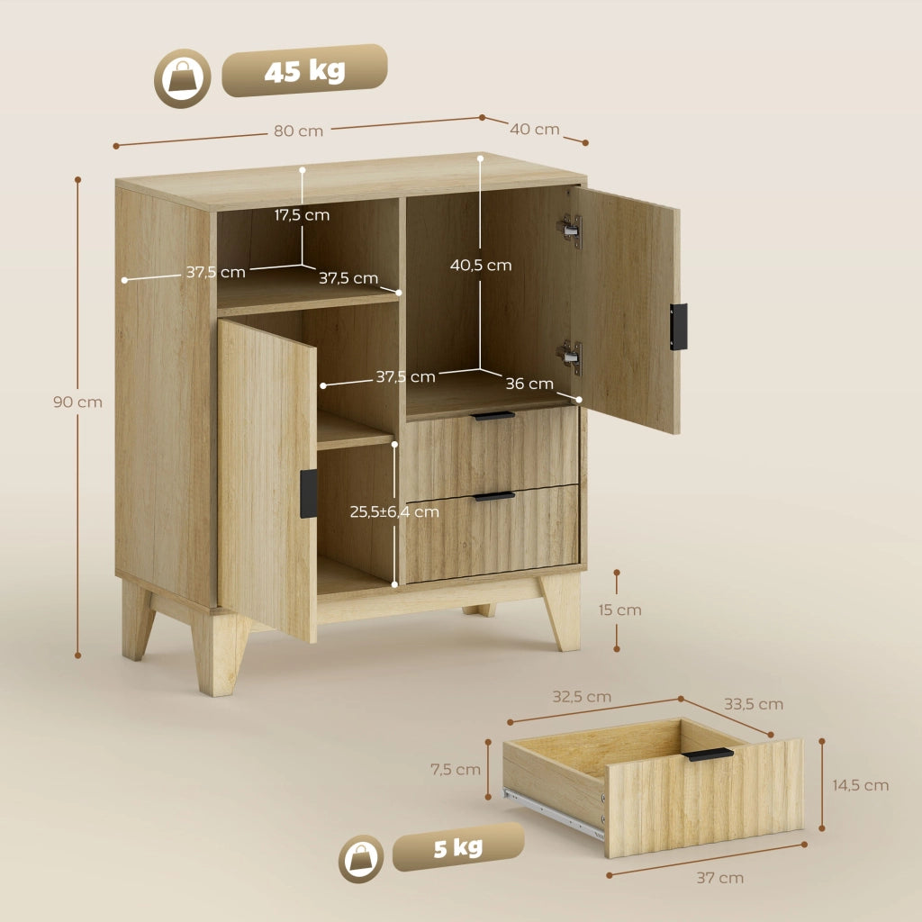 Credenza da soggiorno ¨C Xylo ¨C legno naturale, 2 ante, 2 cassetti, 80x40x90cm