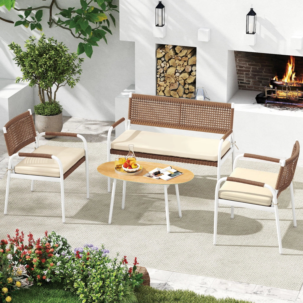 Set patio 4 pz divanetto rattan pe 2 poltrone cuscini morbidi, Set tavolo vetro temperato divani esterni balcone veranda giardino cortile
