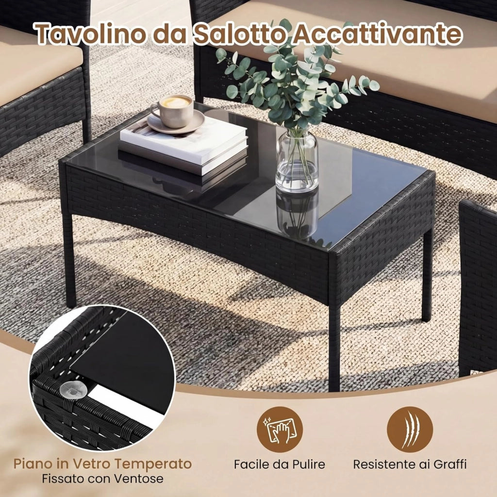 Set Salotto da Giardino 4 Pezzi, Divanetto da Esterno in Rattan PE con 2 Poltrone e Tavolino con Piano in Vetro Temperato, Cuscini Imbottiti e Telaio Metallo per Terrazzo e Balcone (Giallo)