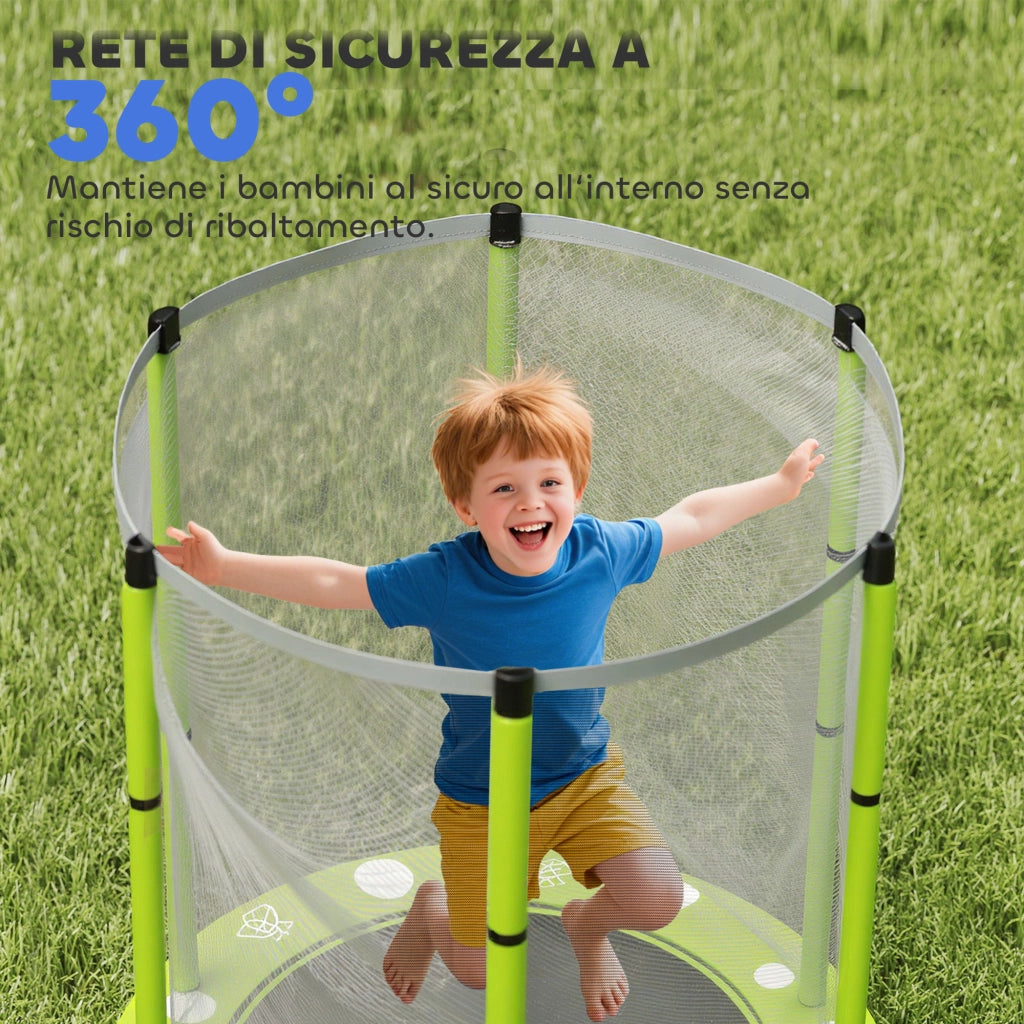 Trampolino Elastico per Bambini ?140 cm con Rete di Sicurezza e Disegni, Et¨¤ 3-6 Anni, Verde