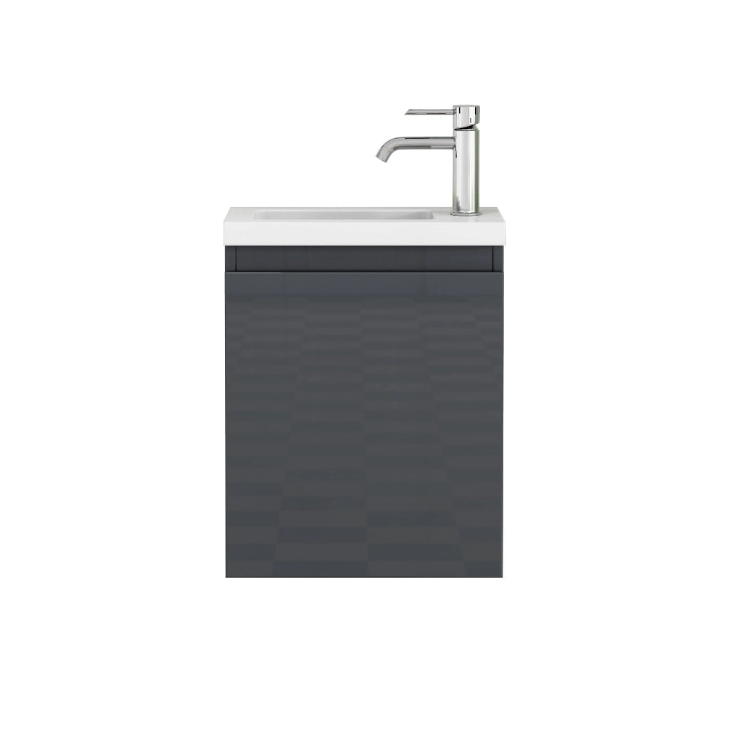 Mobile bagno sospeso grigio lucido con lavabo in ceramica e specchio