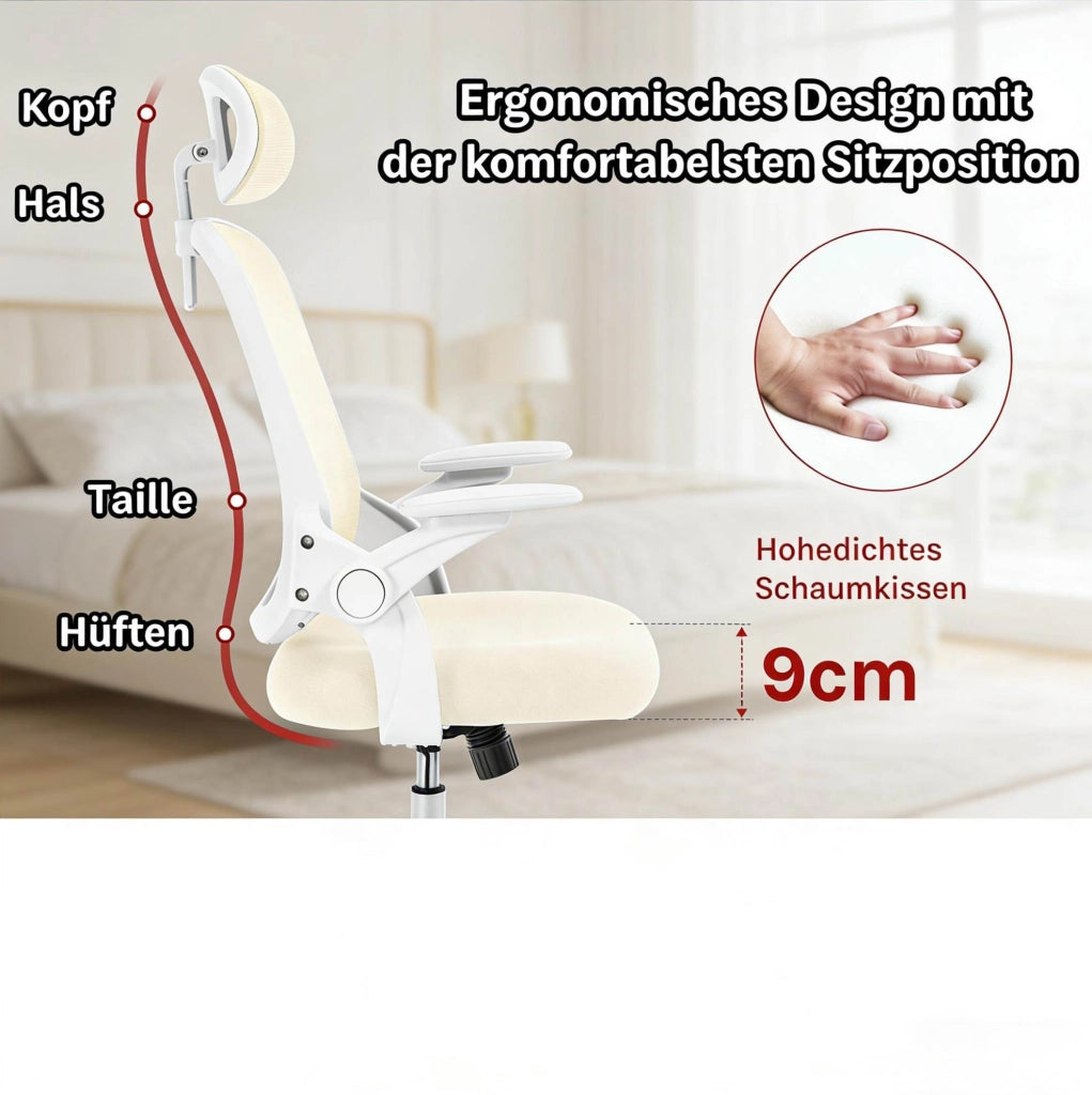 Sedia da ufficio ergonomica beige con schienale alto e supporto lombare